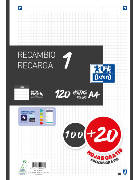 ▷ RECAMBIO OXFORD 100+20H A4 5X5 NEGRO BANDA | Taine - Imagen 1
