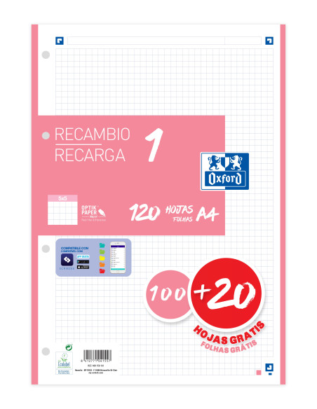 ▷ RECAMBIO OXFORD A4 100+20HJ 90G 5X5 ROSA | Taine - Imagen 1