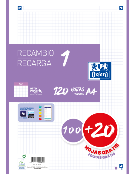 ▷ RECAMBIO OXFORD A4 100+20HJ 90G 5X5 LILA | Taine - Imagen 1