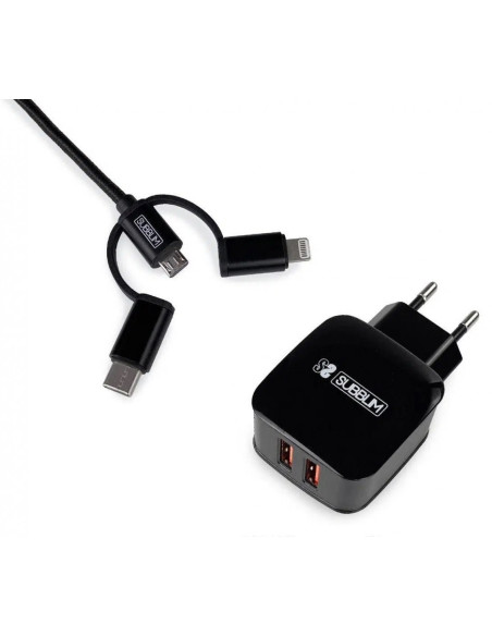 ▷ CARGADOR SUBBLIM USB VIAJE/PARED 2XSUB+CABLE 3 EN 1 NEGRO | Taine - Imagen 1