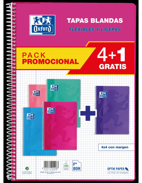 ▷ PACK 4+1 CUADERNO OXFORD FOLIO 80H 90GR 4MM TB T | Taine - Imagen 1