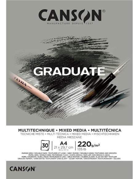 ▷ BLOC DIBUJO CANSON GRADUATE A4 MIX MEDIA GRIS 30H 220GR | Taine - Imagen 1