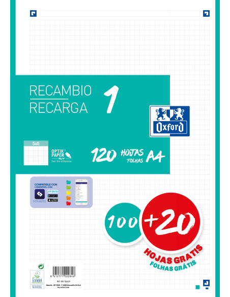 ▷ RECAMBIO OXFORD A4 100HJ+20HJ 90G ICE M 5X5 4T | Taine - Imagen 1