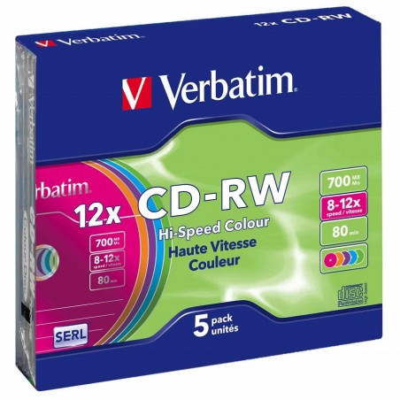 ▷ CD-RW VERBATIM 700MB 8X-10X SIIM COLORES (PACK 5UDS) | Taine - Imagen 1