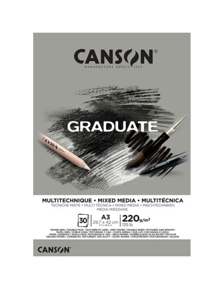 ▷ BLOC DIBUJO CANSON GRADUATE A3 MIX MEDIA GRIS 30H 220GR | Taine - Imagen 1