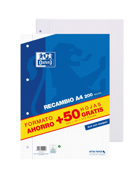 ▷ RECAMBIO OXFORD A4 200H+50H GRATIS 4MM MRG AZUL | Taine - Imagen 1