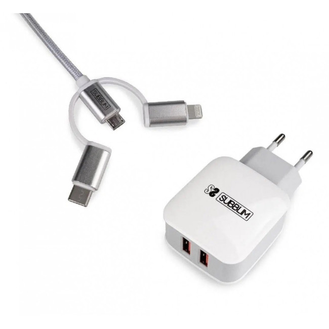 ▷ CARGADOR SUBBLIM USB VIAJE/PARED 2XUSB+CABLE 3 EN1 BLANCO | Taine - Imagen 1