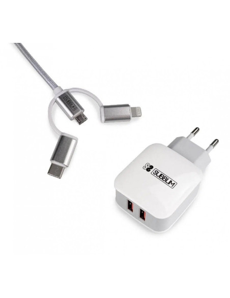 ▷ CARGADOR SUBBLIM USB VIAJE/PARED 2XUSB+CABLE 3 EN1 BLANCO | Taine - Imagen 1