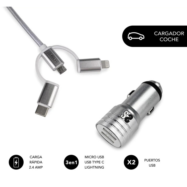 ▷ CARGADOR SUBBLIM COCHE 2XUSB DUAL 2.4A + CABLE 3 IN1 PLATA | Taine - Imagen 1