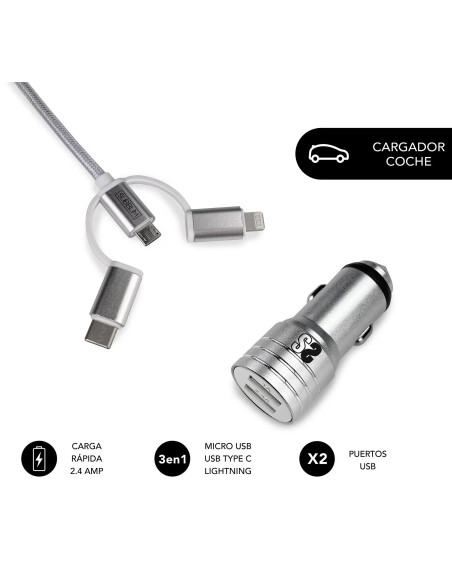 ▷ CARGADOR SUBBLIM COCHE 2XUSB DUAL 2.4A + CABLE 3 IN1 PLATA | Taine - Imagen 1