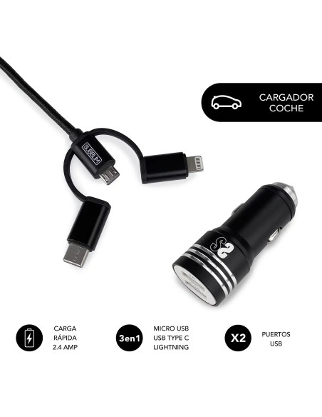 ▷ CARGADOR SUBBLIM COCHE 2XUSB DUAL 2.4A + CABLE 3 IN1 NEGRO | Taine - Imagen 1