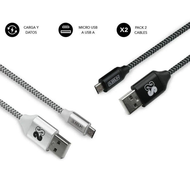 ▷ CABLES SUBBLIM PACK 2 USB A MICRO 2.4A 1M NEGRO/PLATA | Taine - Imagen 1