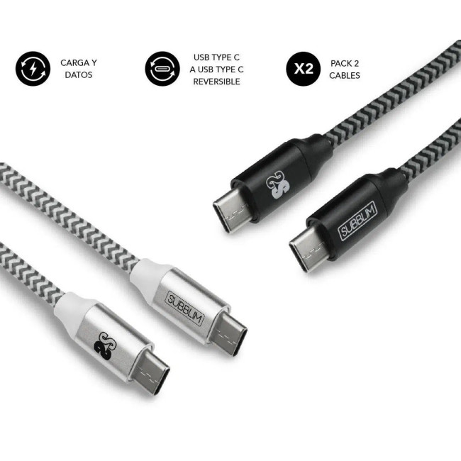 ▷ CABLES SUBBLIM PACK 2 USB TIPO C 3.0A NEGRO/PLATAR | Taine - Imagen 1