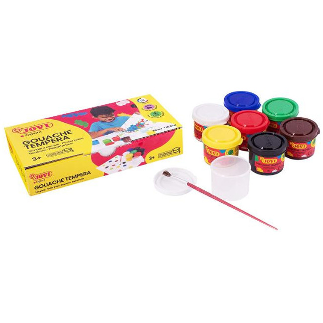 ▷ TEMPERA CAJA 7 BOTES 35 ML COLORES SURTIDOS + PINCEL JOVI | Taine - Imagen 1