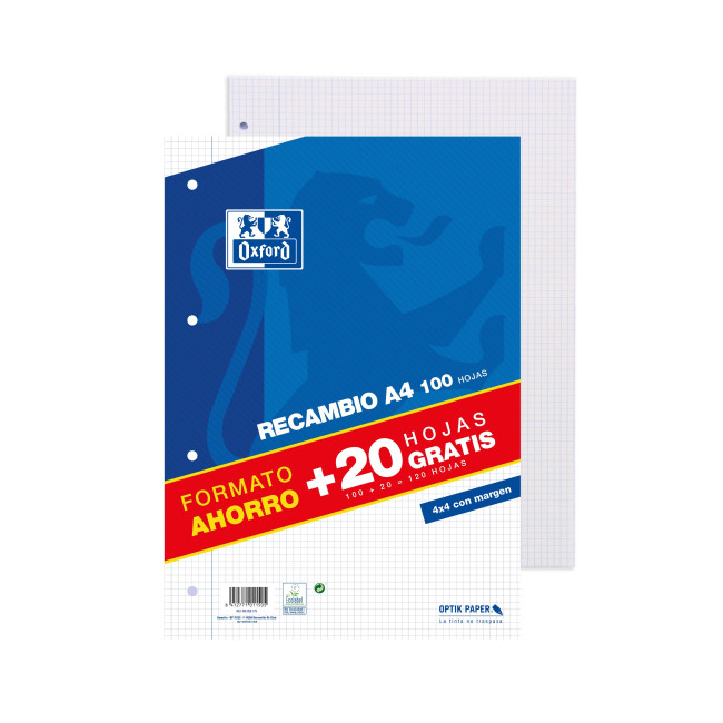 ▷ RECAMBIO OXFORD A4 100H+20H 4X4 MRG AZUL 4T | Taine - Imagen 1