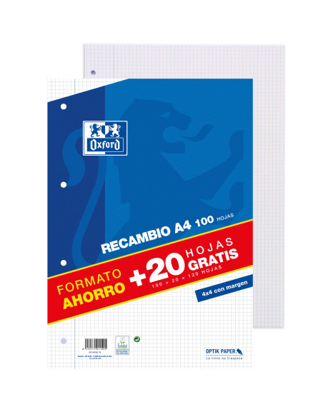 ▷ RECAMBIO OXFORD A4 100H+20H 4X4 MRG AZUL 4T | Taine - Imagen 1