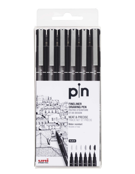 ▷ ROTULADORES UNIBAL 6 UDS NEGRO CALIBRADO PIN | Taine - Imagen 1