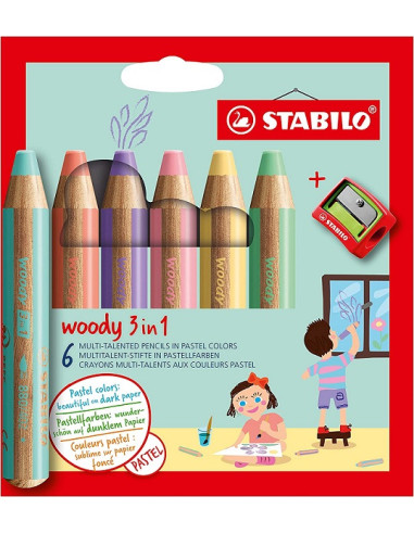 ▷ LAPICES STABILO 6 UDS COLOR WOODY 3 EN 1 PASTEL+SACAPUNTAS | Taine - Imagen 1