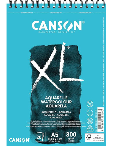 ▷ BLOC DIBUJO CANSON XL A5 17+3 ACURELA 300GR ESPIRAL | Taine - Imagen 1