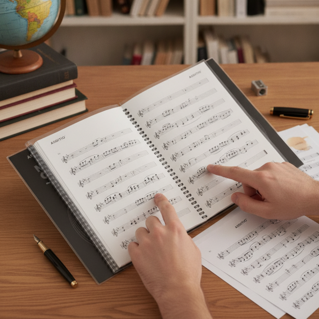 ▷ CUADERNO ADDITO 12PENTAGRAMAS ESPIRAL 20FUNDAS TRANSP.PORTAPARTITURAS CONCERT | Taine - Imagen 2