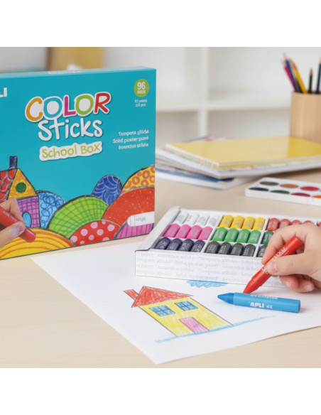 ▷ TEMPERA APLI SOLIDA SCHOOL BOX 96 UDS 12 COLORES X8 SURTIDOS STICK 10G APLI | Taine - Imagen 2