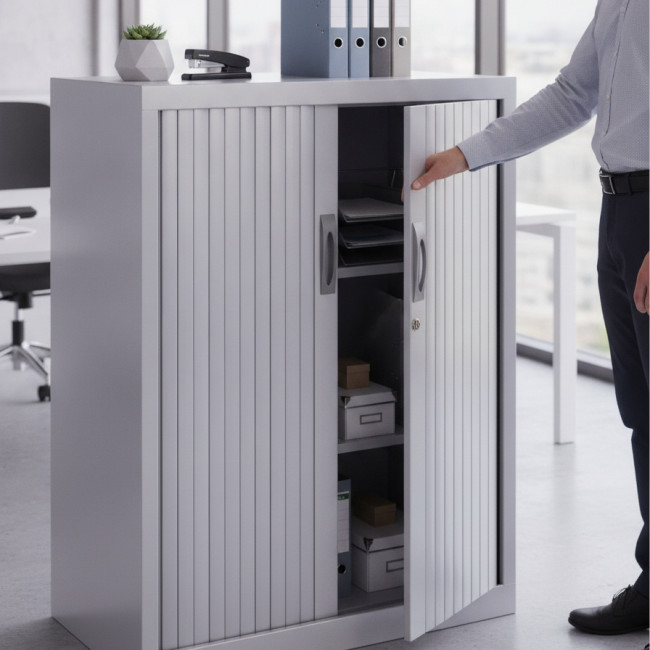 ▷ ARMARIO ROCADA METÁLICO PERSIANA 105 x 80 x 45cm RAL 9006 INCLUYE 2 BALDAS | Taine - Imagen 2