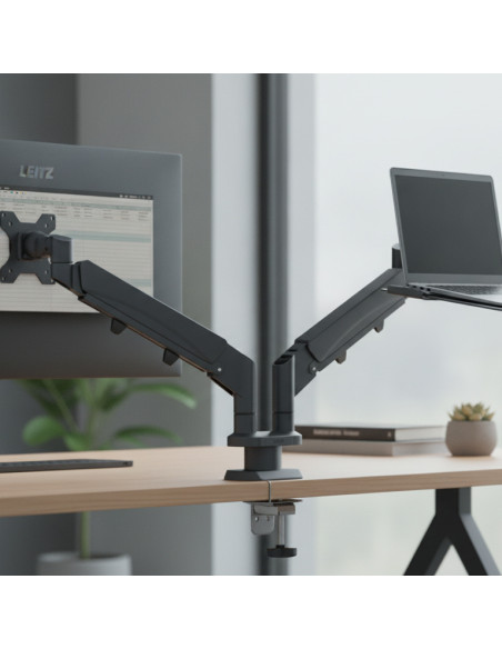 ▷ BRAZO LEITZ DUAL PARA MONITOR Y PORTÁTIL ERGO SPACESAVING, GRIS OSCURO | Taine - Imagen 2