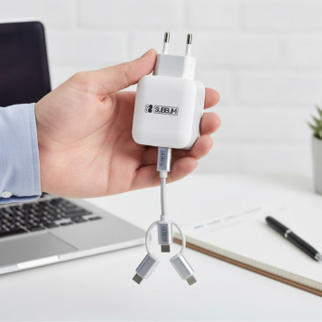 ▷ CARGADOR SUBBLIM USB VIAJE/PARED 2XUSB+CABLE 3 EN1 BLANCO | Taine - Imagen 2