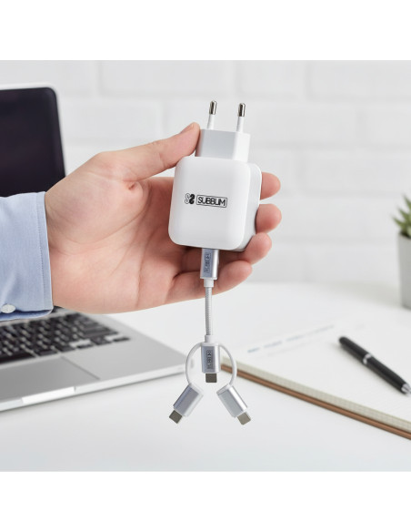 ▷ CARGADOR SUBBLIM USB VIAJE/PARED 2XUSB+CABLE 3 EN1 BLANCO | Taine - Imagen 2