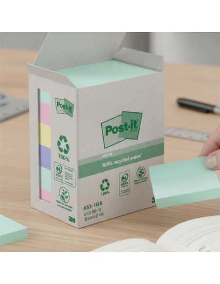 ▷ NOTAS ADHESIVAS POST-IT RECICLADAS PASTEL 6 BLOCS 100H 38x51MM (7100259445) | Taine - Imagen 2