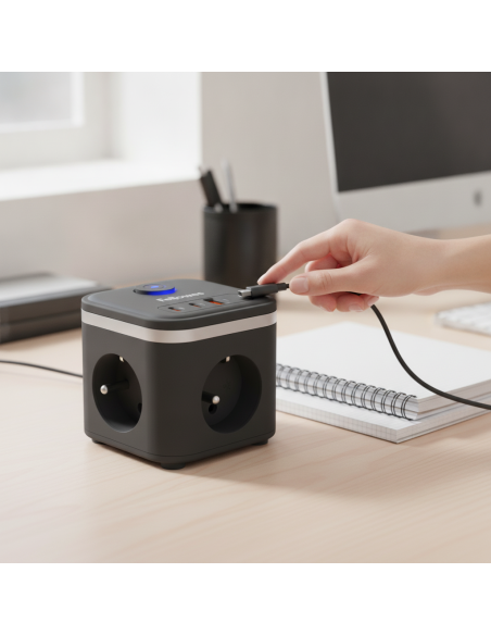 ▷ CUBO FELLOWES MULTIENCHUFE 3 TOMAS + 2XUSB C + 1 USB A NEGRO | Taine - Imagen 2