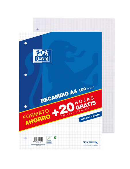 ▷ RECAMBIO OXFORD A4 100H+20H 4X4 MRG AZUL 4T | Taine - Imagen 2